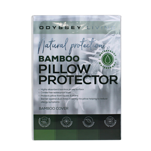 alt="Front view of white bamboo pillow protector packaging"