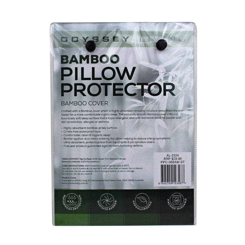 alt="Back view of white bamboo pillow protector packaging"