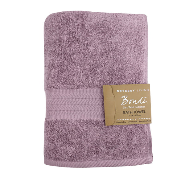 alt="Folded with tag details of mauve mist bath towel featuring its high level of softness and premium luxurious cotton."