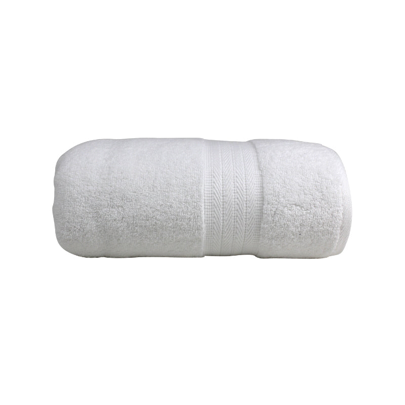 alt="Zoom in details of white bath towel featuring its high level of softness and premium luxurious cotton."