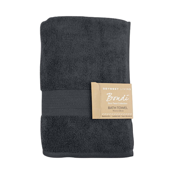 alt="A folded with tag details of coal bath towel featuring its high level of softness and premium luxurious cotton."