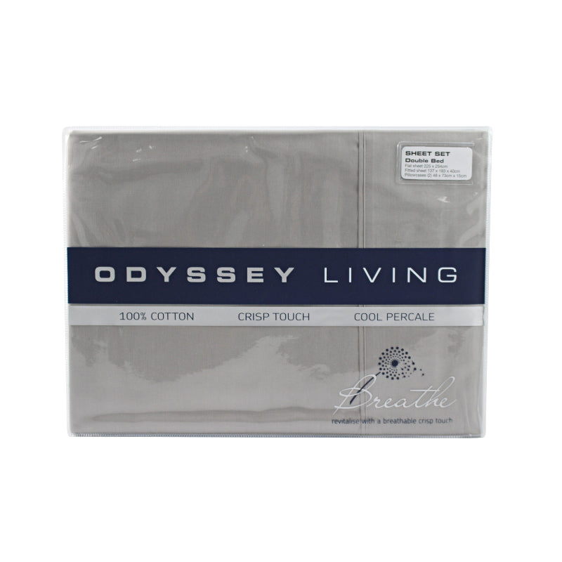 alt="Front packaging details of grey cotton sheet set"