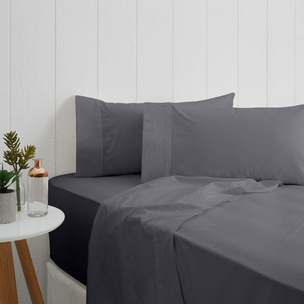 alt="A charcoal sheet set made from 100% cotton showcasing fresh appearance, ultimate softness and cottony comfort"