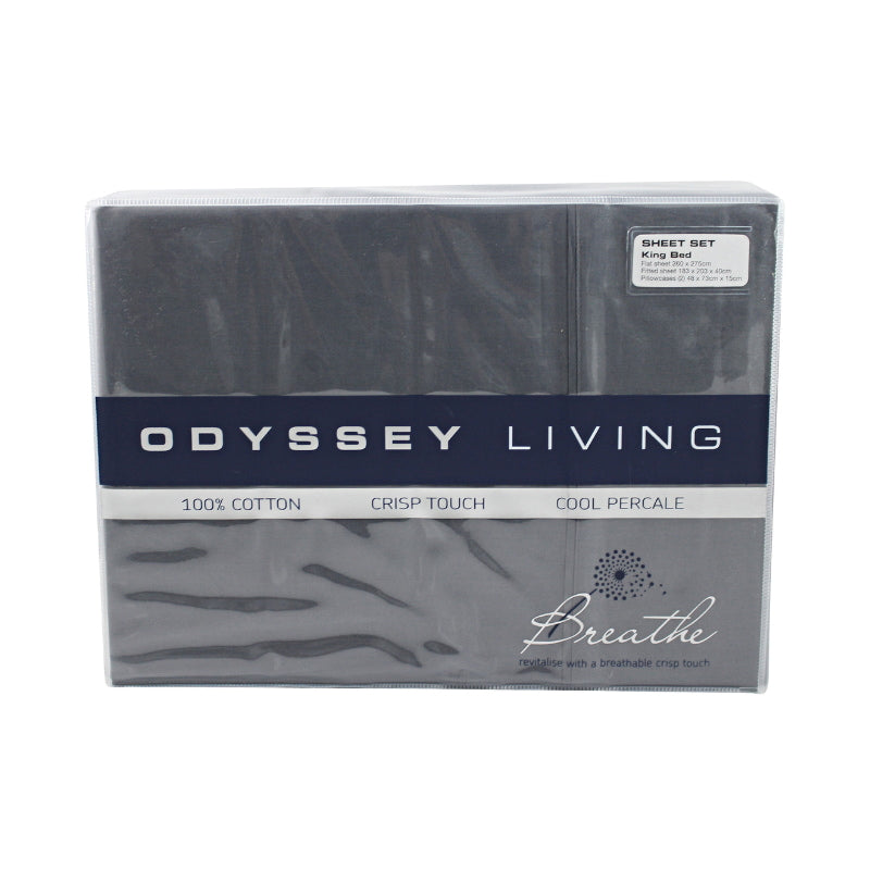 alt="Front packaging details of charcoal cotton sheet set"