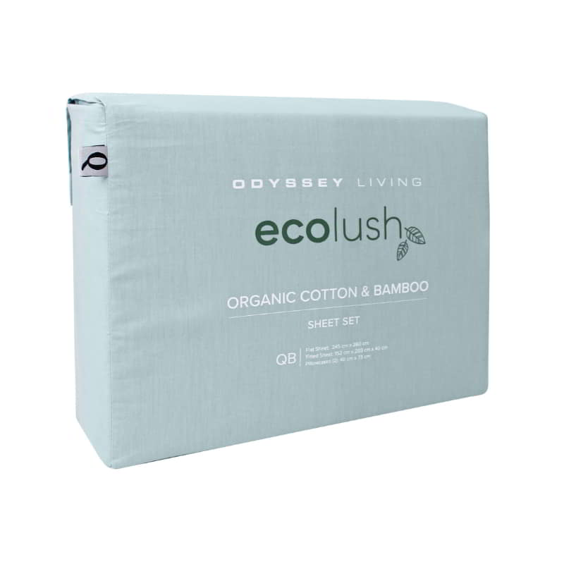 alt="Side packaging details of an ecolush blue sheet set"