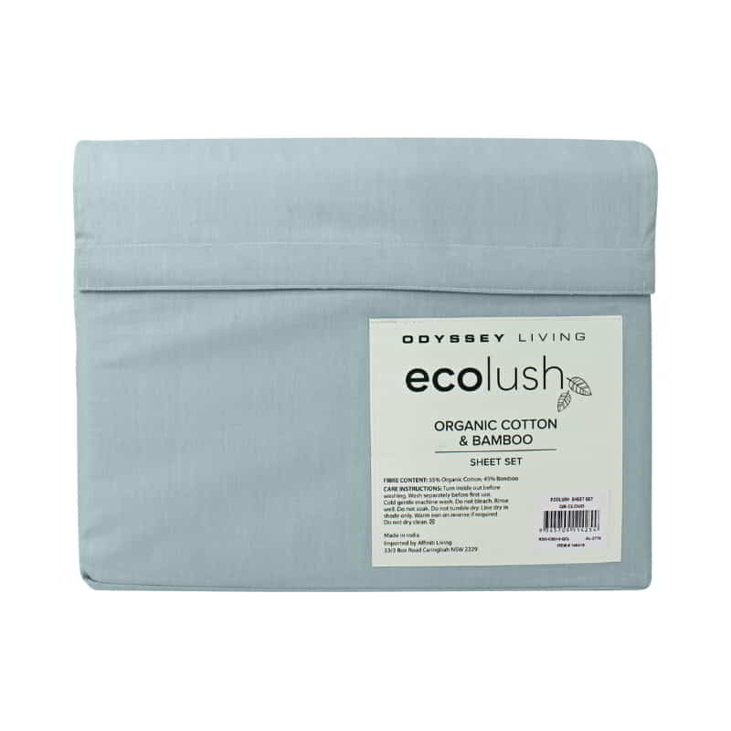 alt="Back packaging details of an ecolush blue sheet set"