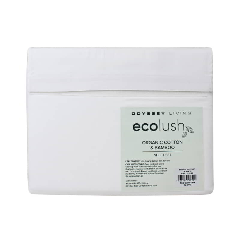 alt="Back packaging details of an ecolush white sheet set"