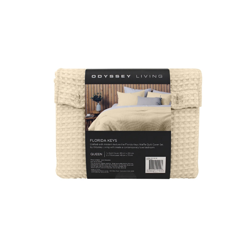 Back packaging details of a luxurious quilt cover set in a natural colour scheme featuring a modern texture.