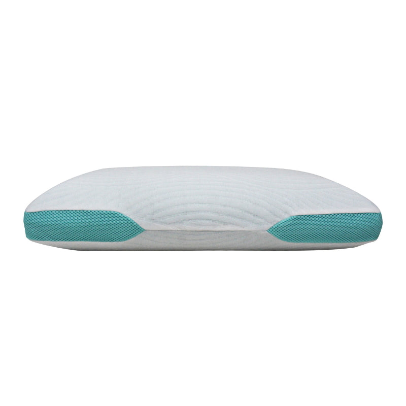 alt="Side details of a breathable lotus infused memory foam pillow"