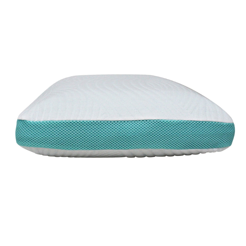 alt="Front details of a hypoallergenic lotus infused memory foam pillow"
