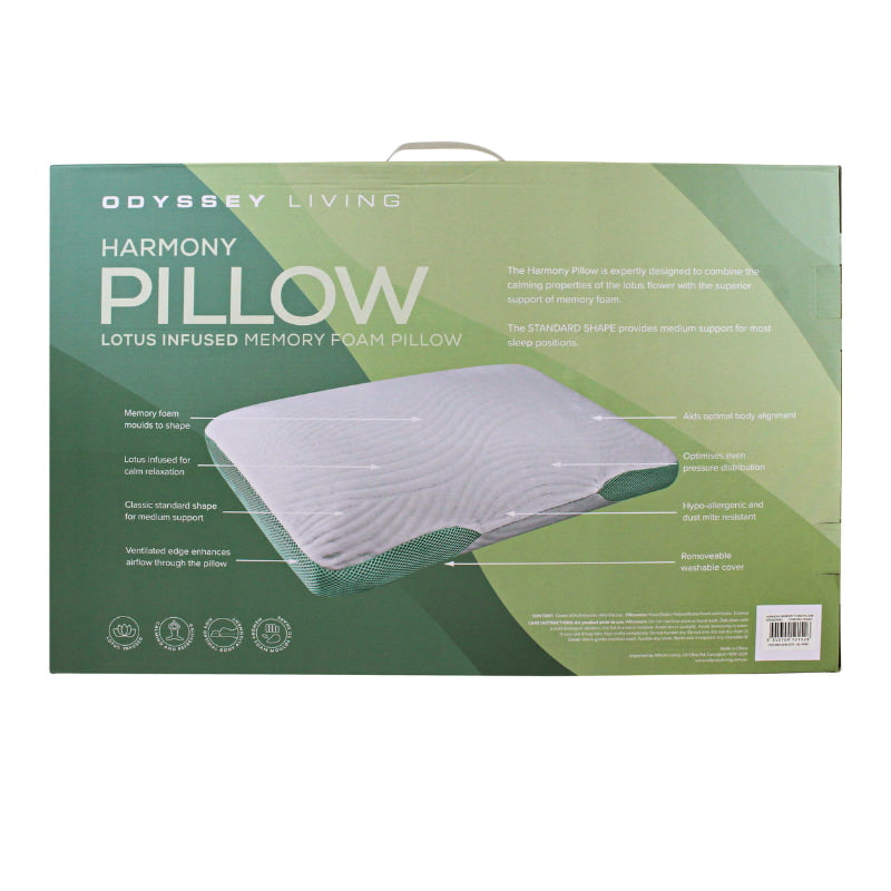 alt="Back details of a lotus infused memory foam pillow packaging"