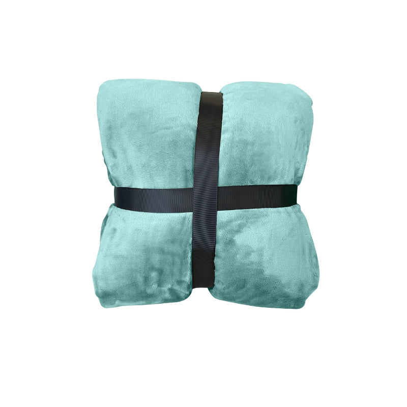 Back packaging details of a luxurious mink touch blanket in a shade of jade mist featuring minimalist design, soft, velvety texture for cosy warmth. 