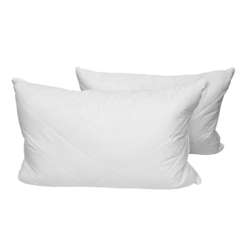 alt="Front details of a white pillow features a soft feather and quilted design"