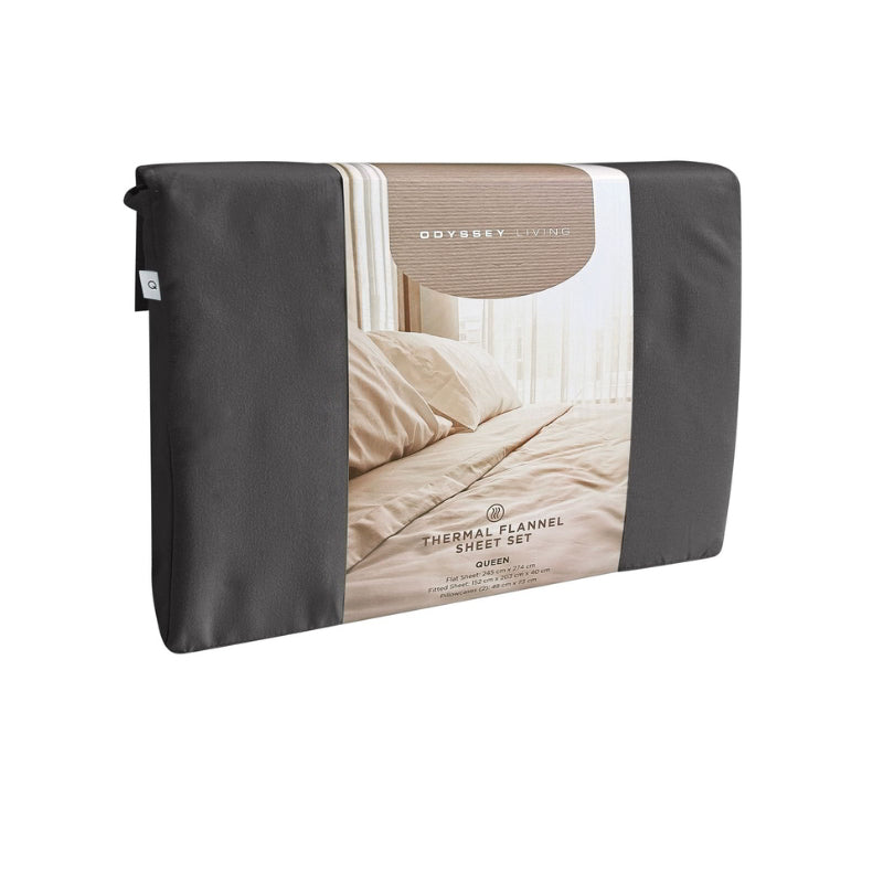 Side packaging details of a clean and classic charcoal-toned bed with matching sheets and pillows, made of 100% microfibre for a soft and warm feel.