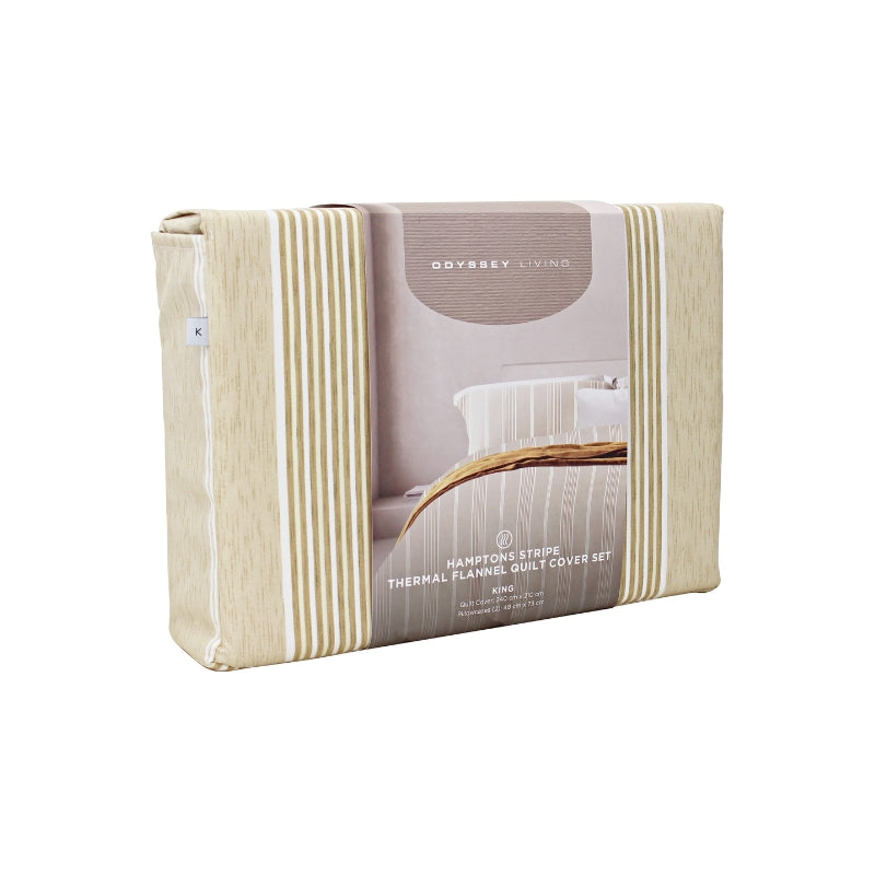 Side packaging details of a cosy oatmeal-coloured beddding set with striped quilt cover and pillowcase, adding warmth and sophistication to a bedroom.