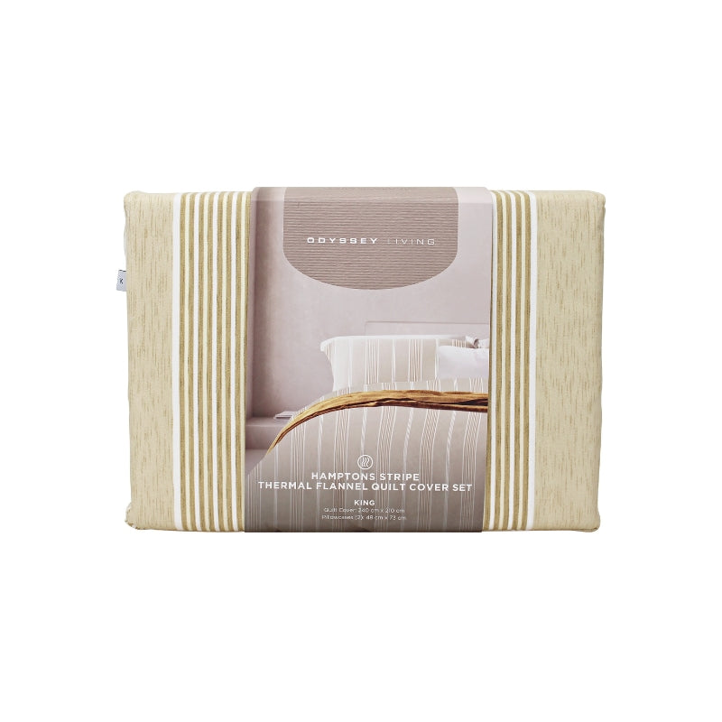 Front packaging details of  a cosy oatmeal-coloured beddding set with striped quilt cover and pillowcase, adding warmth and sophistication to a bedroom.