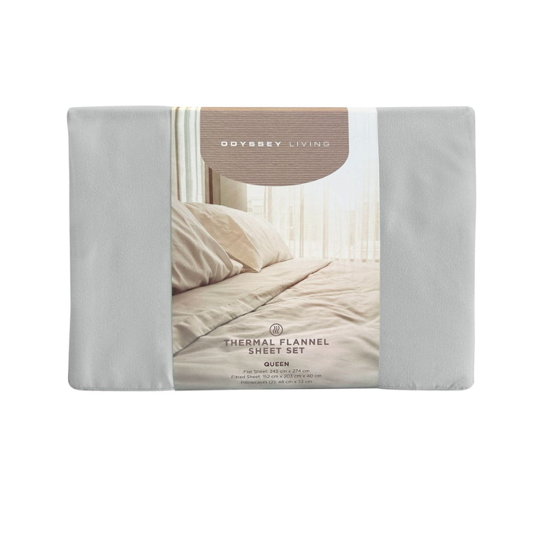 Front packaging details of a clean and classic grey bed with matching sheets and pillows, made of 100% microfibre for a soft and warm feel.