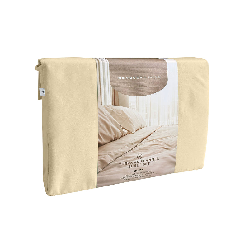 Side packaging details of a clean and classic natural-toned bed with matching sheets and pillows, made of 100% microfibre for a soft and warm feel.