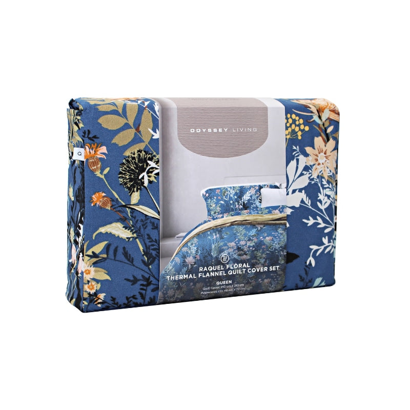 Side packaging details of a microfibre quilt cover set in dark blue meets cosy comfort in this floral design.