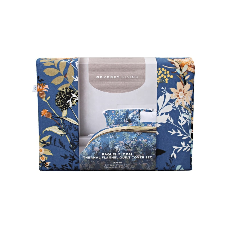 Front packaging details of a microfibre quilt cover set in dark blue meets cosy comfort in this floral design.