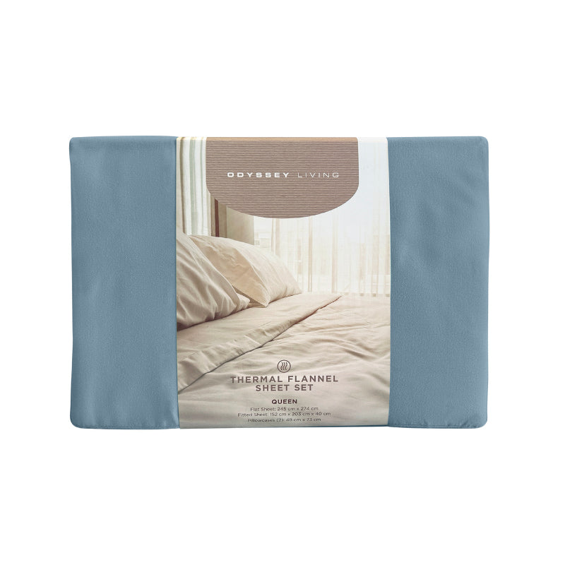 Front packaging details of a clean and classic blue bed with matching sheets and pillows, made of 100% microfibre for a soft and warm feel.