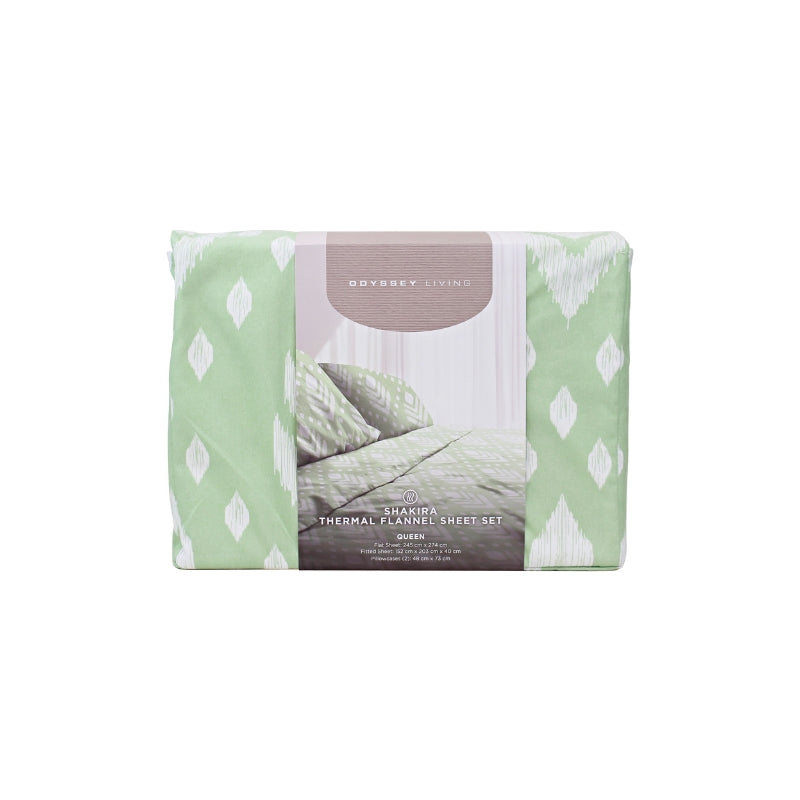 Front packaging details of a bed with green and white bedding, featuring a trendy geometric pattern. Made of 100% microfibre for superior comfort and versatile styling.