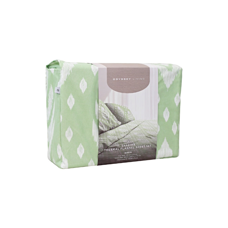 Side packaging details of a bed with green and white bedding, featuring a trendy geometric pattern. Made of 100% microfibre for superior comfort and versatile styling.