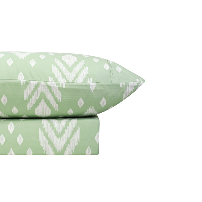 A bed sheet set and pillowcase with green and white bedding, featuring a trendy geometric pattern. Made of 100% microfibre for superior comfort and versatile styling.