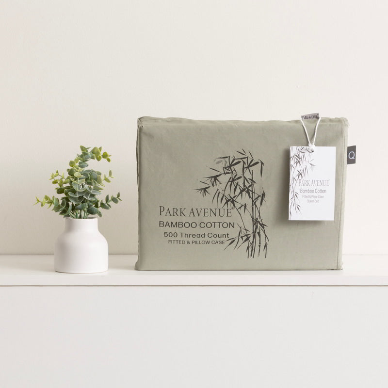 alt="Luxurious bamboo cotton fitted and pillowcase packaging with silky smooth texture, breathable and skin-friendly. Jade colour, machine washable, and anti-wrinkle satin finish."