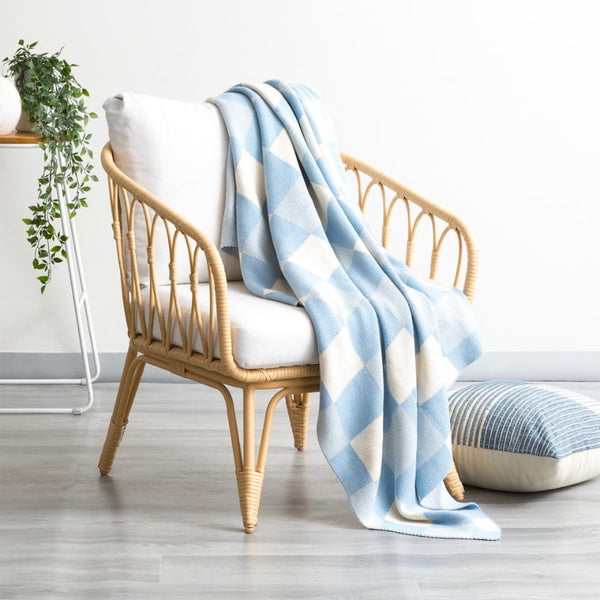 alt="A meticulously crafted blue and white blanket with captivating large checks design, made of high-quality cotton knit for durability and comfort."