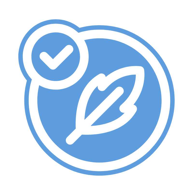 a blue bolded icon with two circles with a leaf and a tick indicating hypoallergenic 