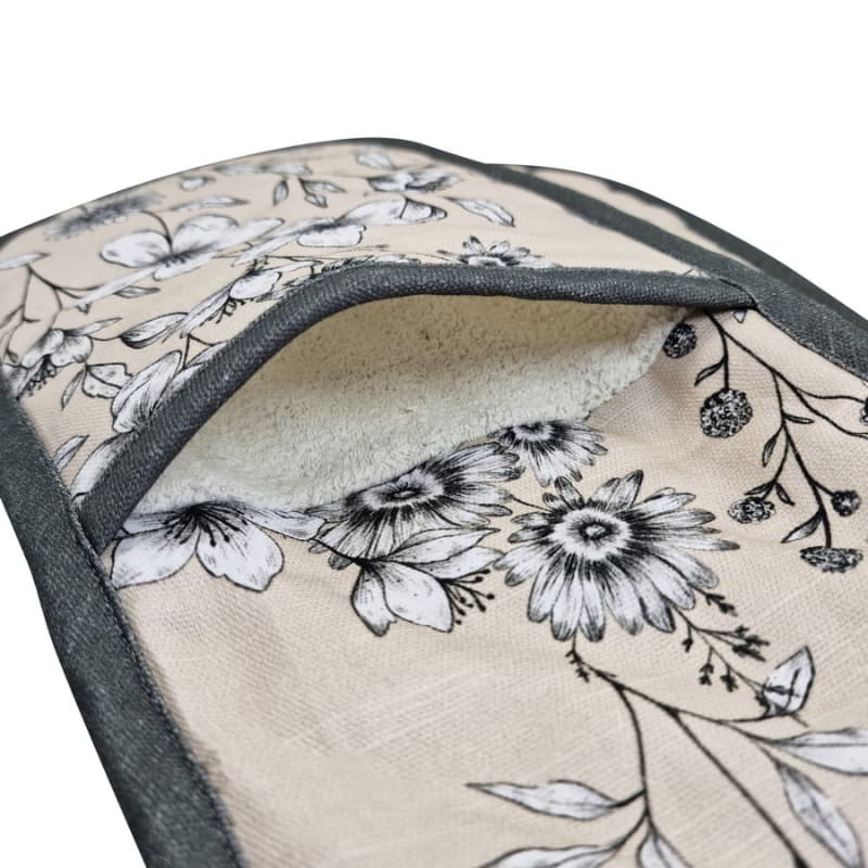 alt="Zoom in details of a cream double glove featuring blooming and blossoming of wild field flowers"