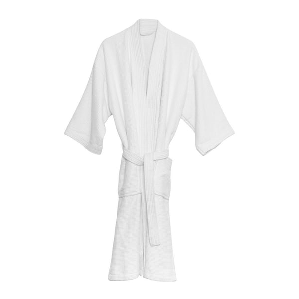 alt="Camila bathrobe designed with waffle weave and terry fabric for maximum water absorption"