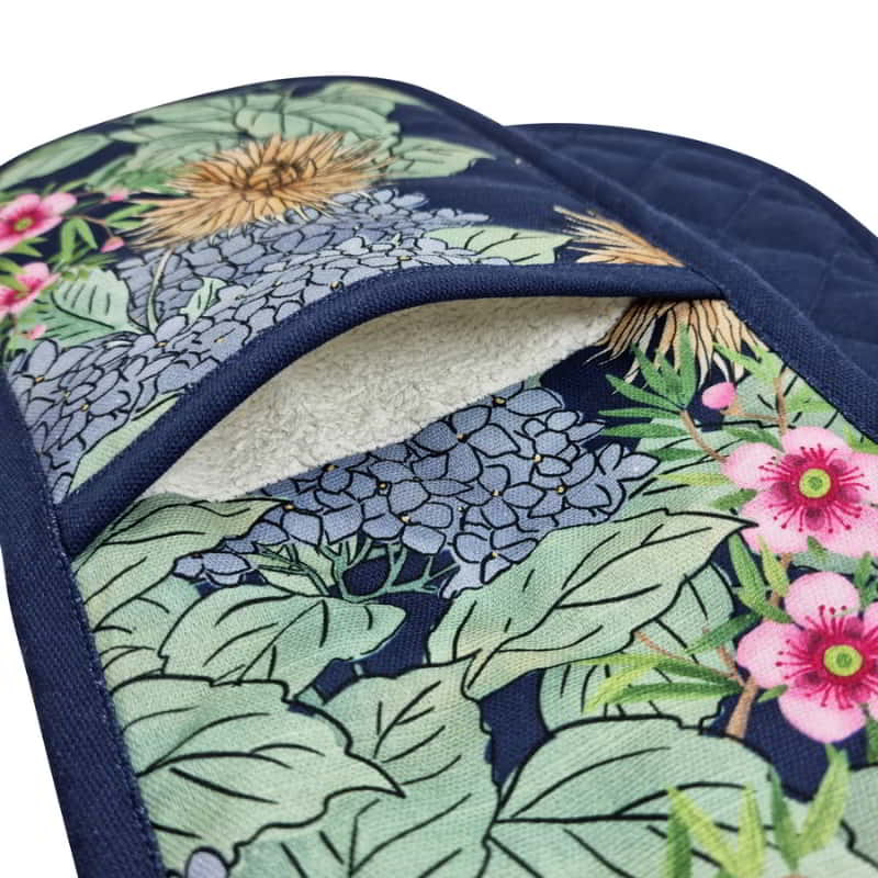 alt="Zoom in details of a navy double glove featuring beautiful flowers and colours of a summer garden"