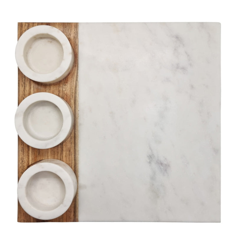 alt="Front details of serving board crafted from a combination of gorgeous white marble with an acacia wood accent."