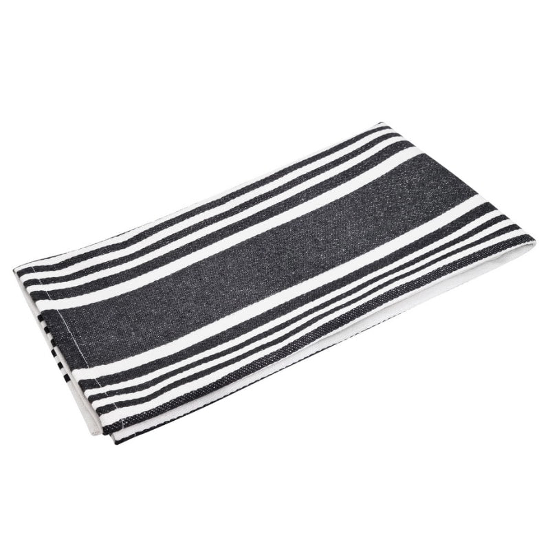 alt="A folded Selby Collection bold charcoal stripe design tea towels."
