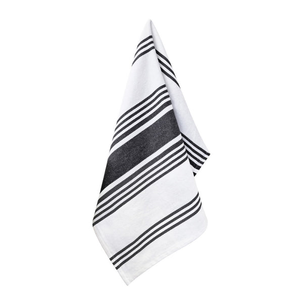 alt="A hanging Selby Collection bold charcoal stripe design tea towels."