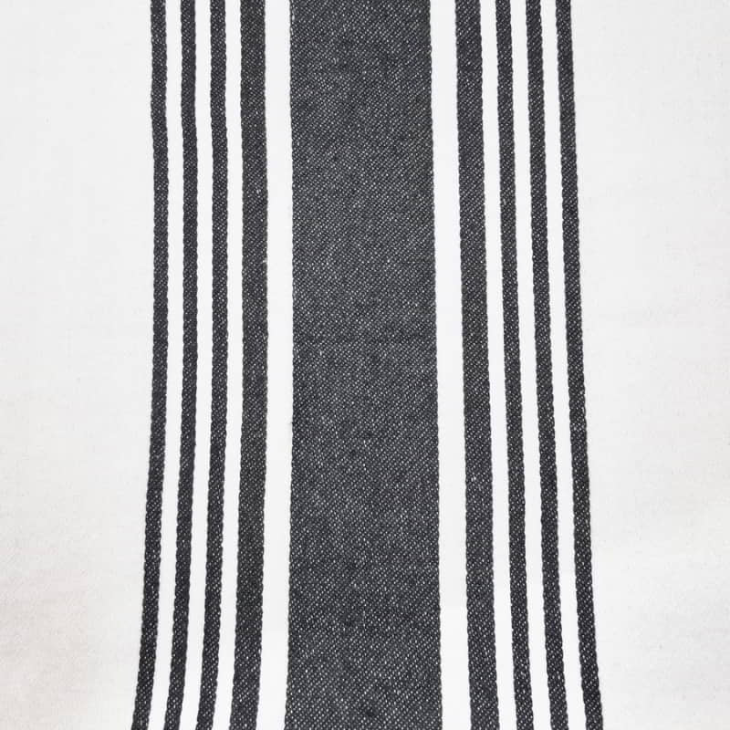 alt="Closer view of a Selby Collection bold charcoal stripe design tea towels."