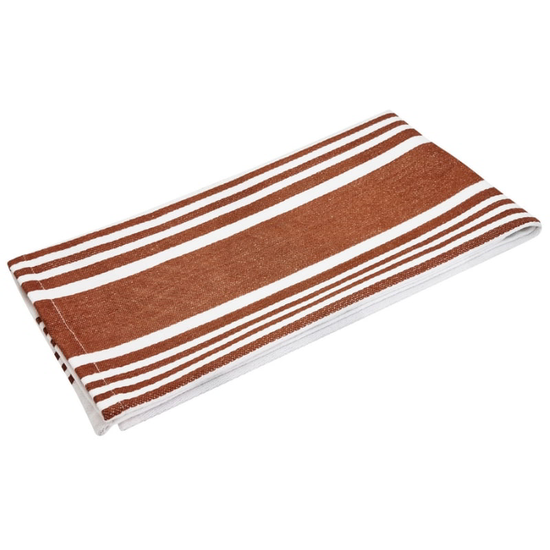 alt="A folded Selby Collection bold brown stripe design tea towels."