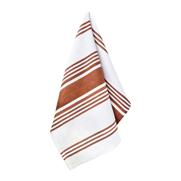 alt="A hanging Selby Collection bold brown stripe design tea towels."