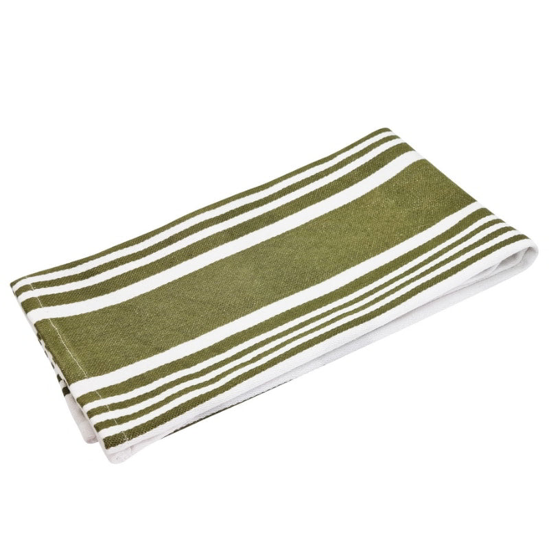 alt="A folded Selby Collection bold green stripe design tea towels."