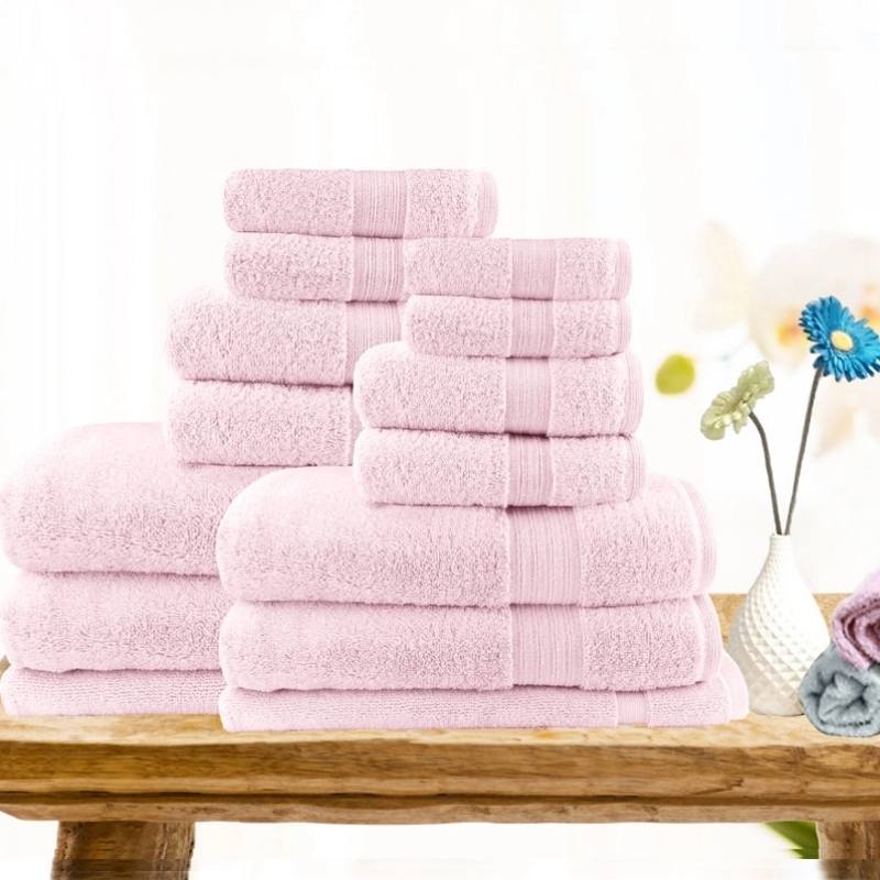 Softouch Light Weight Soft Premium Cotton Bath Towel 14 Piece Baby Pink