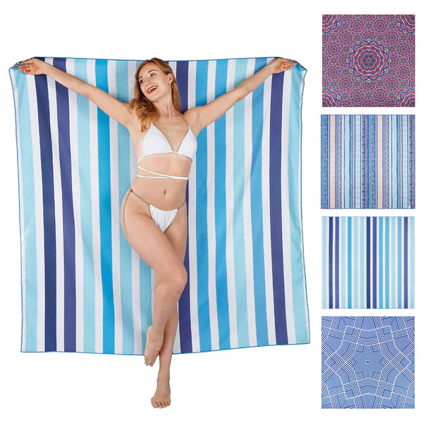Linenova Sand Free Blue Stripe Printed Beach Towel