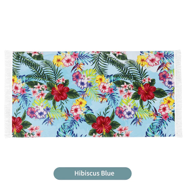 Linenova Cotton Velour Reactive Hibiscus Blue Printed Beach Towel
