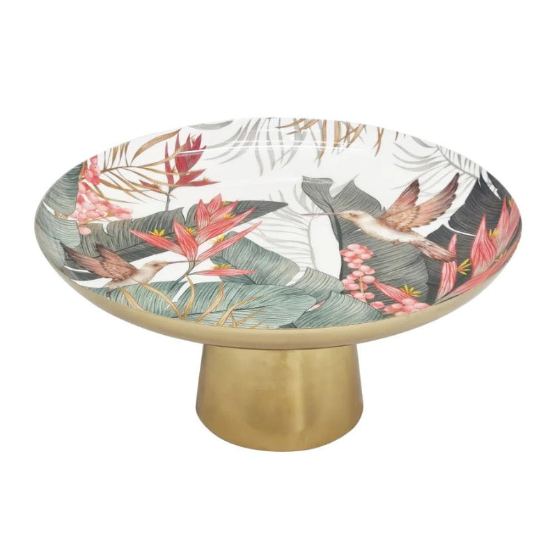 alt="Side details of a gold cake stand featuring a vibrant array of tropical birds surrounded by lush foliage"