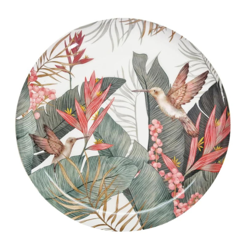 alt="Front details of a gold cake stand featuring a vibrant array of tropical birds surrounded by lush foliage"