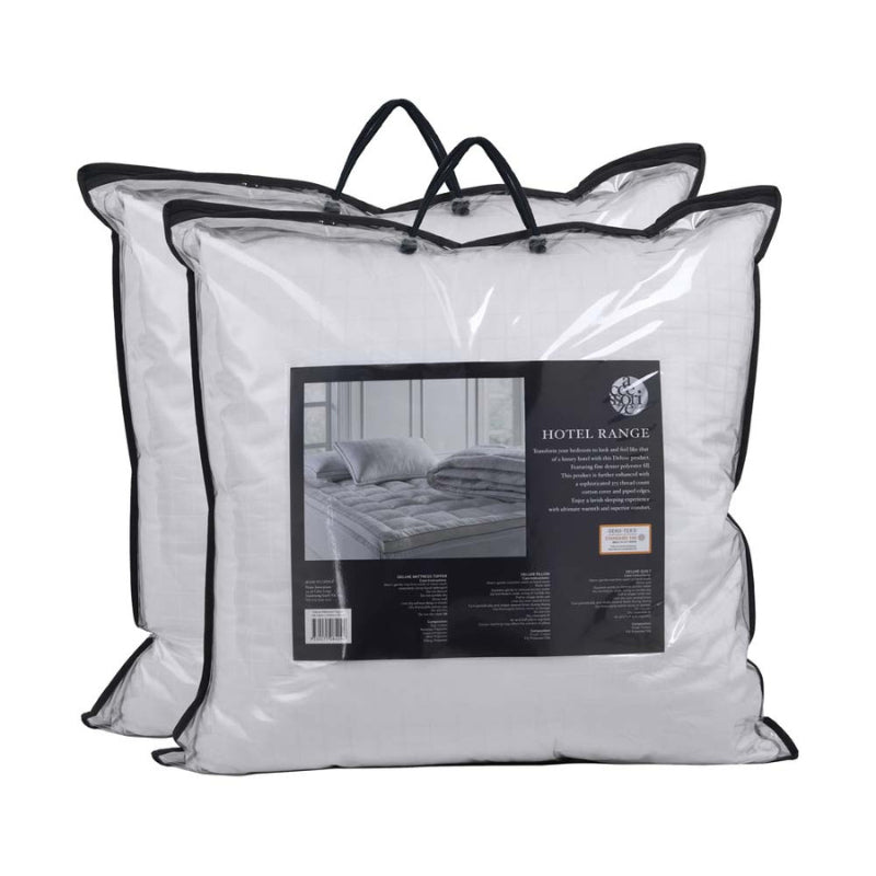 alt="A transparent bag of a lluxurious European Pillow featuring a 375 thread count cotton cover and fine denier polyester fill."