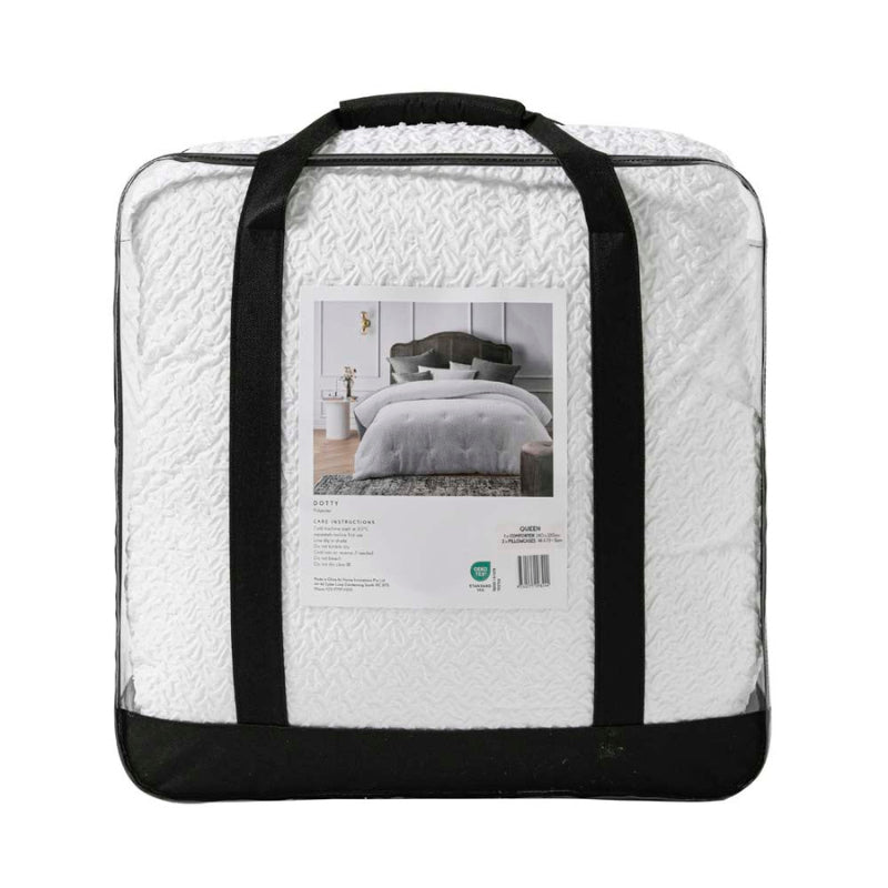 Back packaging details of a textured jacquard comforter set in classic white with clipped dot detail, and polyester filled with quilting for warmth.