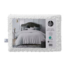 Back packaging details of a unique texture of jacquard quilt cover set with clipped dot detail, a beautiful update to white bedding.