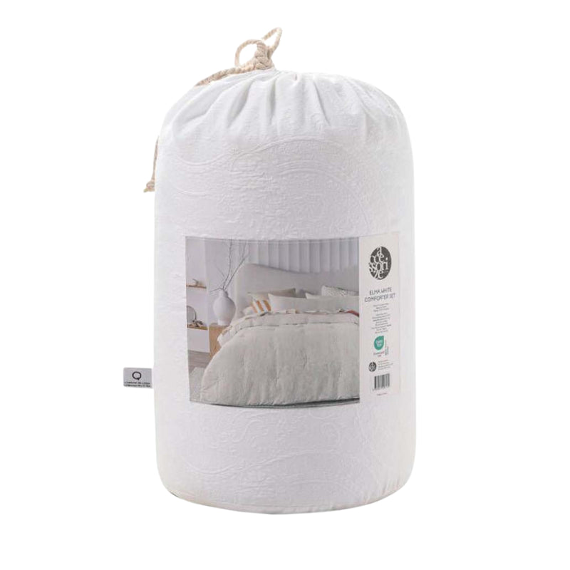 alt="Back packaging details of a comforter set featuring a stunning timeless white jacquard design"